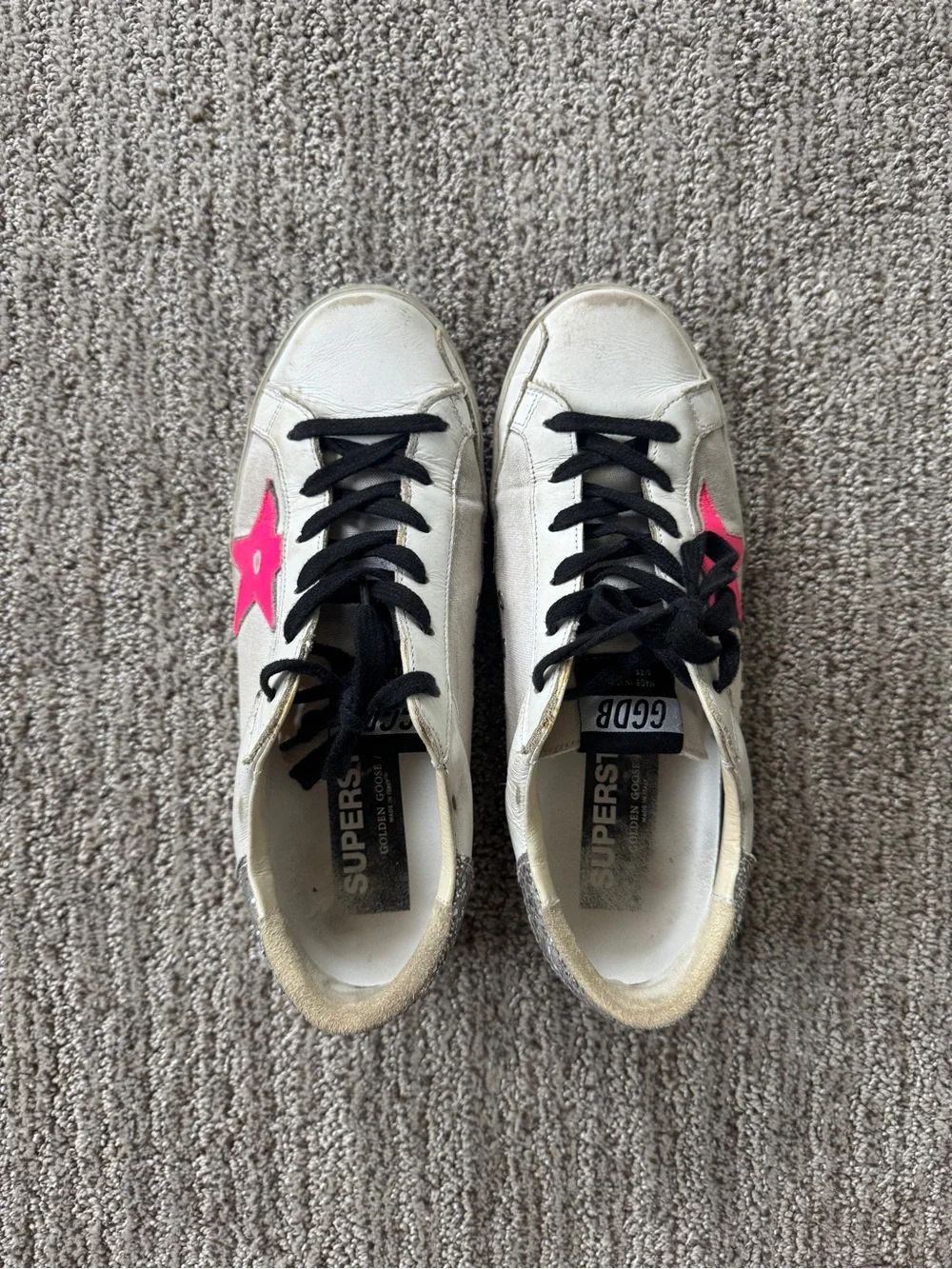 Golden Goose White Sneakers with Hot Pink Star and Black Laces